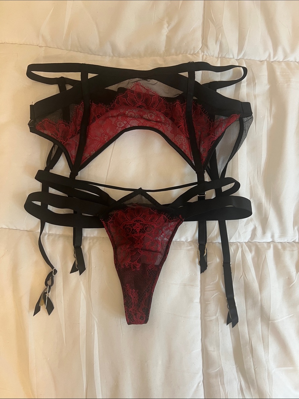 Vintage Victoria's Secret Red and Black Lace Strappy Panty & Garter Set
